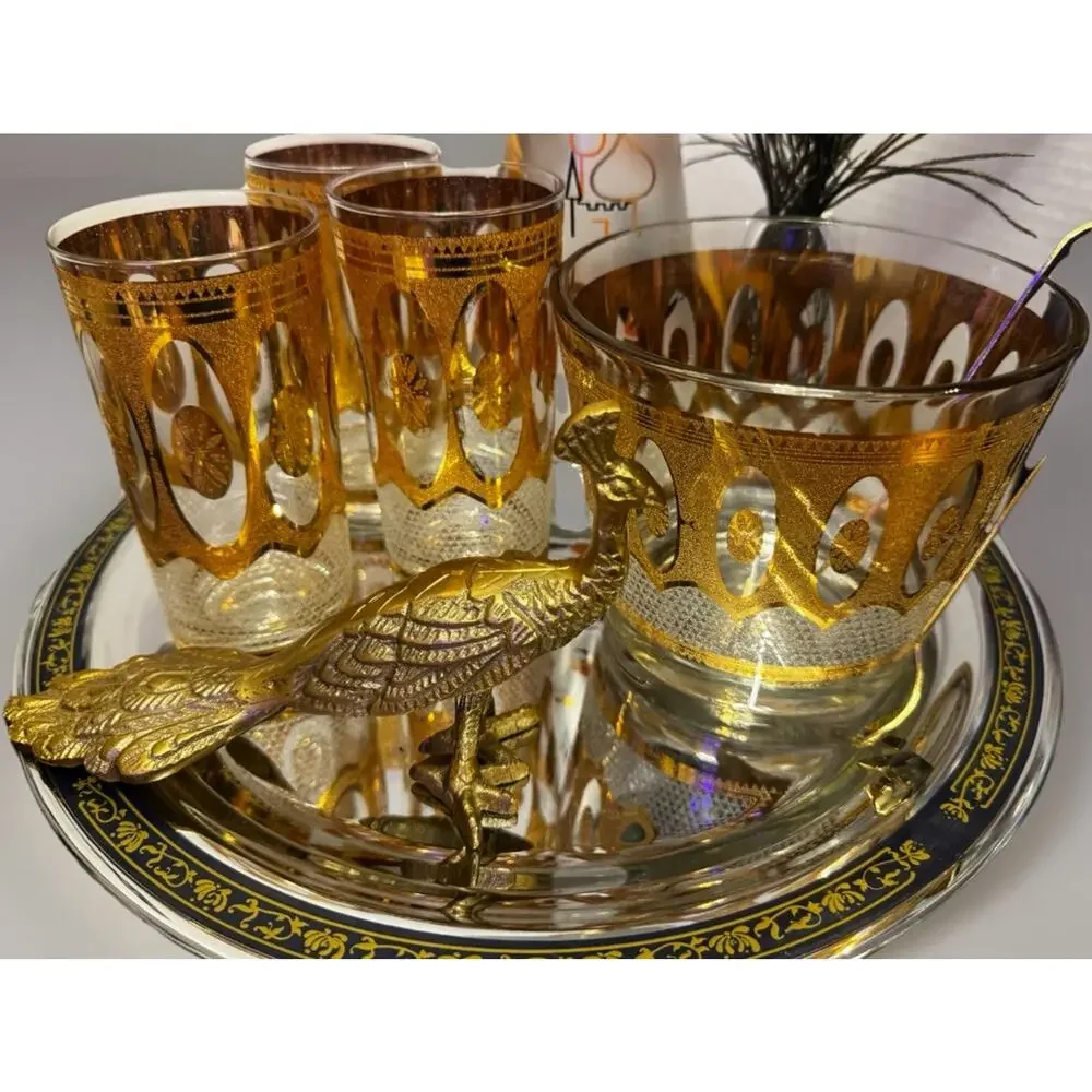 Vintage Gold MCM Libby Bar Set | 3 Glasses | Ice Bucket | Atomic Era | Mad Men